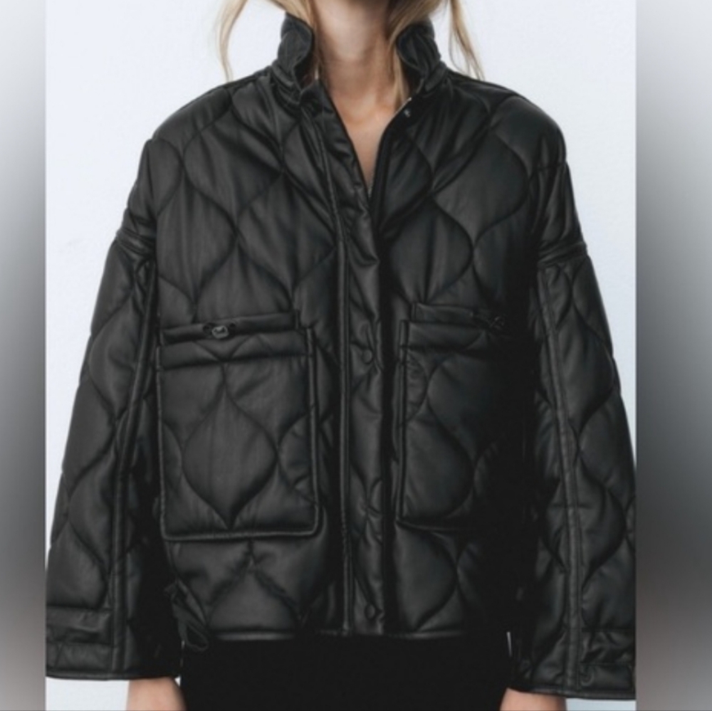 Zara Black Quilted Faux Leather Bomber Jacket